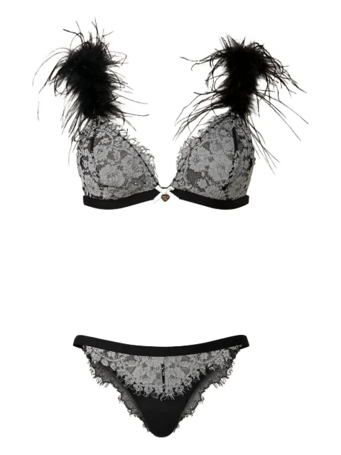 TWINSET feather-trimmed lace bra set Black 232LL6B22