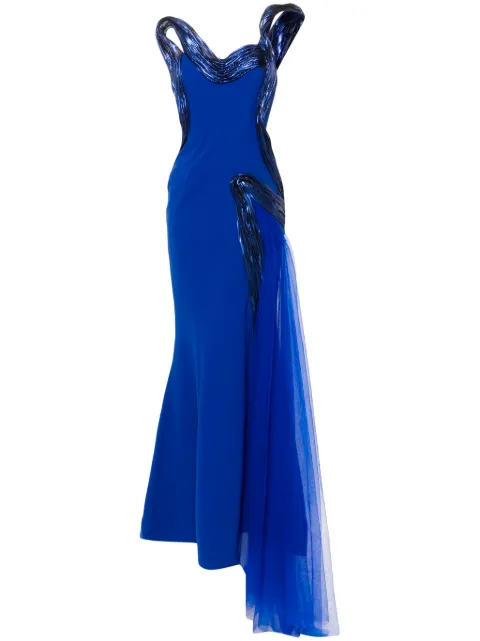 Gaby Charbachy metallic-effect draped gown Blue GCS1728