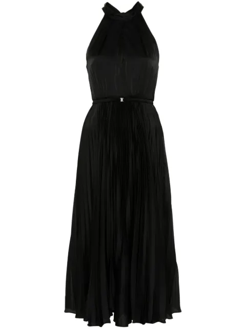 NISSA pleated satin midi dress Black RS14973BLACK