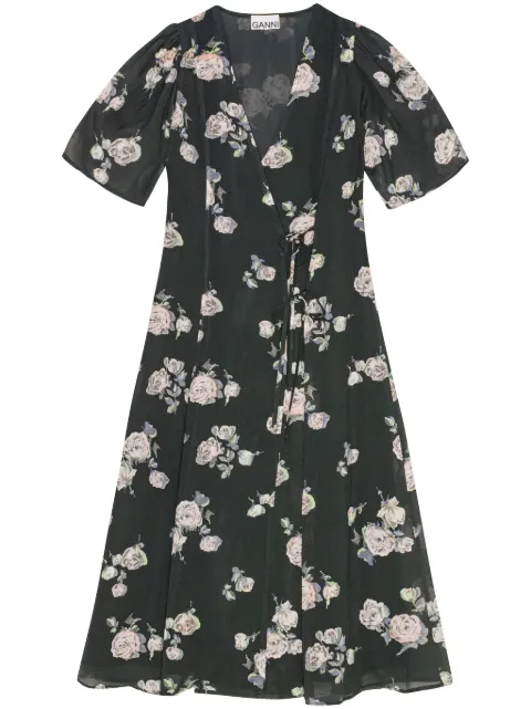 GANNI floral-print crepe wrap midi dress Black F9504