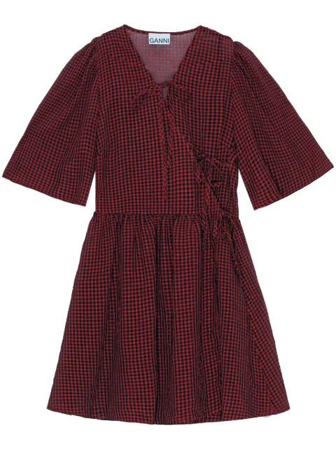 GANNI gingham-print mini wrap dress Red F9566
