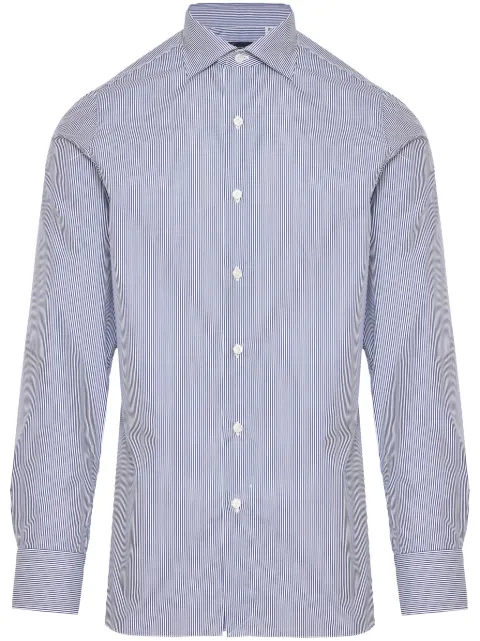 Finamore 1925 Napoli spread collar striped shirt Blue A4057T