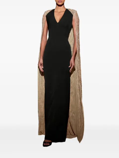 Rhea Costa Asma sequin-cape V-neck gown Black 24149D