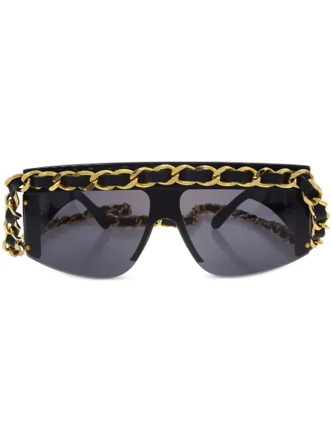 CHANEL Pre-Owned 1990-2000 leather-and-chain trimmed shield sunglasses Black SU0145694305