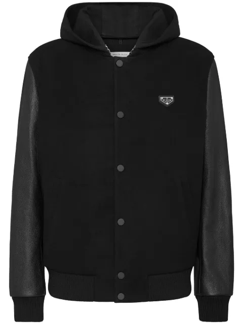 Philipp Plein leather sleeves hooded bomber jacket Black UADCMRB2680PTE120N