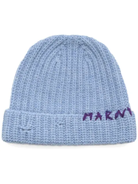 Marni Shetland wool beanie with mending-embroidery Blue CLMC0125Q0UFH938