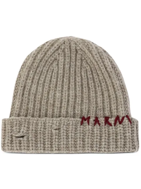Marni Shetland wool beanie with mending-embroidery Neutrals CLMC0125Q0UFH938