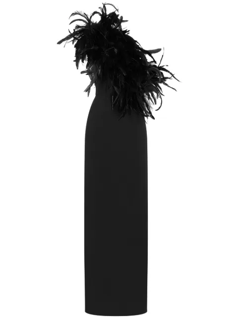 Dolce & Gabbana long one-shoulder stretch cady dress with feathered neckline Black F6JRFTFUIAH