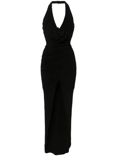 NISSA floral-appliqué ruched gown Black RS15480BLACK