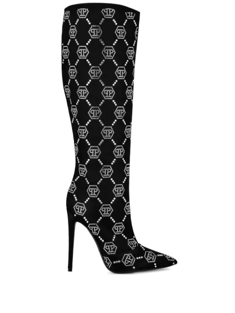 Philipp Plein satin boots high-heels mid strass monogram Black AADSWSE0849PTE028N
