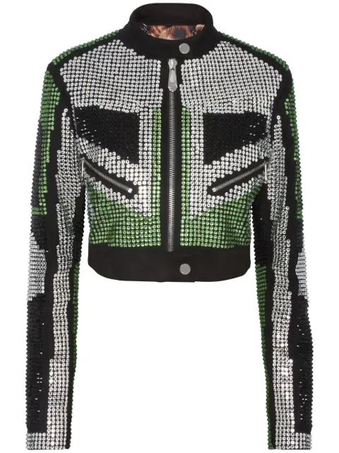Philipp Plein cropped leather biker jacket strass Silver AADCWLB1131PLE010N