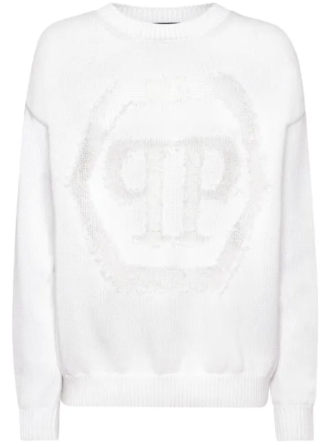 Philipp Plein devoré-logo crew-neck sweater White AADCWKO0611PKN002N