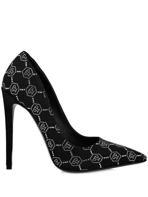 Philipp Plein satin decolette heels strass monogram Black AADSWSD0565PTE028N