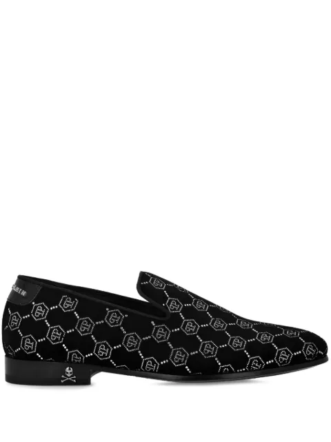 Philipp Plein velvet loafers strass monogram Black AADSMSB0823PTE086N
