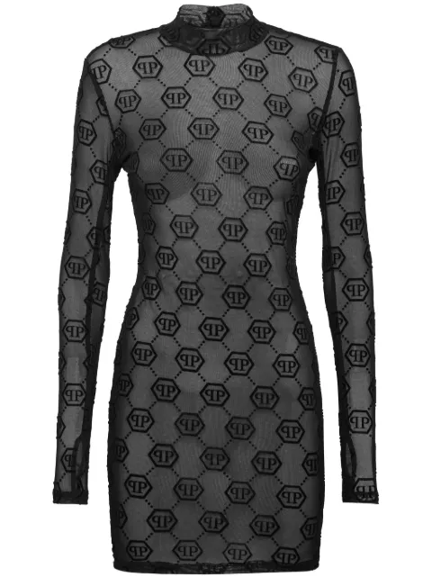 Philipp Plein monogram tulle dress Black AADCWRG3193PTE003N