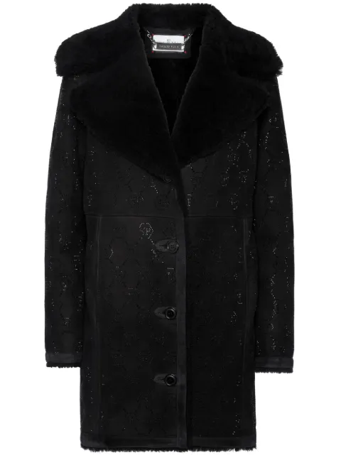 Philipp Plein shearling oversize coat strass monogram Black AADCWLA0068PFU020N