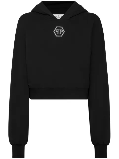 Philipp Plein crystal-logo cropped hoodie Black AADCWJB1779PTE003N