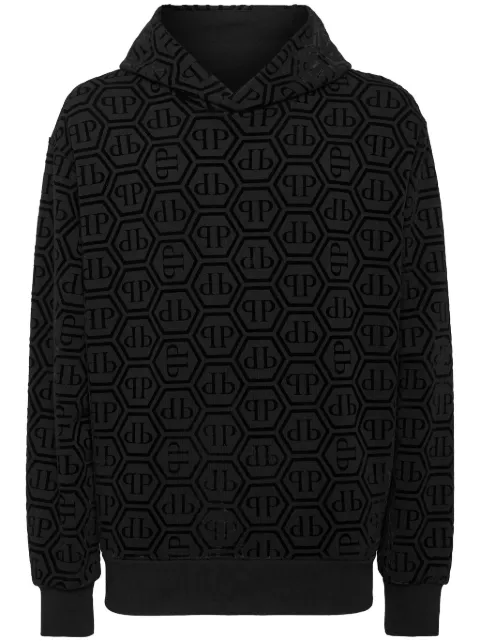 Philipp Plein logo-flocked long-sleeve hoodie Black AADCMJB3379PJY002N