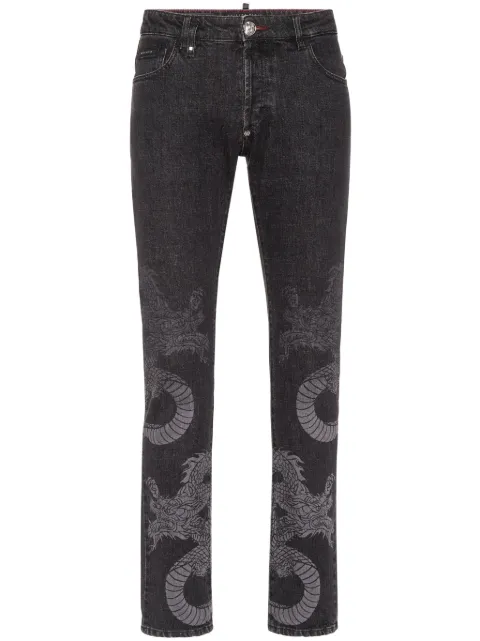 Philipp Plein dragon-print washed straight-leg jeans Grey AADCMDT3949PDE004N