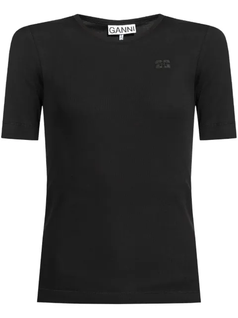GANNI black soft cotton rib T-shirt Black T4012