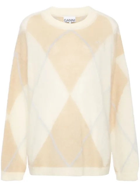 GANNI logo-embroidered argyle-intarsia jumper Brown K2246999