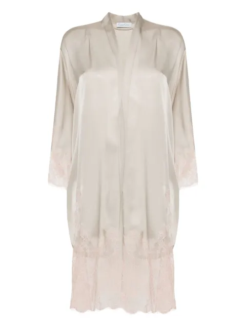 Carine Gilson Calais-Caudry lace-trim silk robe Grey EL0960DSW24