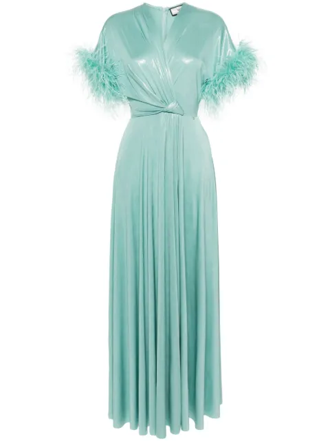 NISSA feather-trim lurex gown Green RS15010