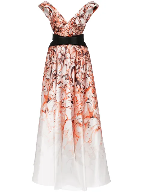 Saiid Kobeisy floral-print off-shoulder belted gown Orange RTWSS2425