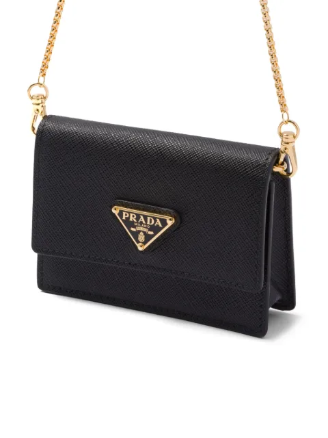 Prada Saffiano-leather card holder with shoulder strap Black 1MR034QHH