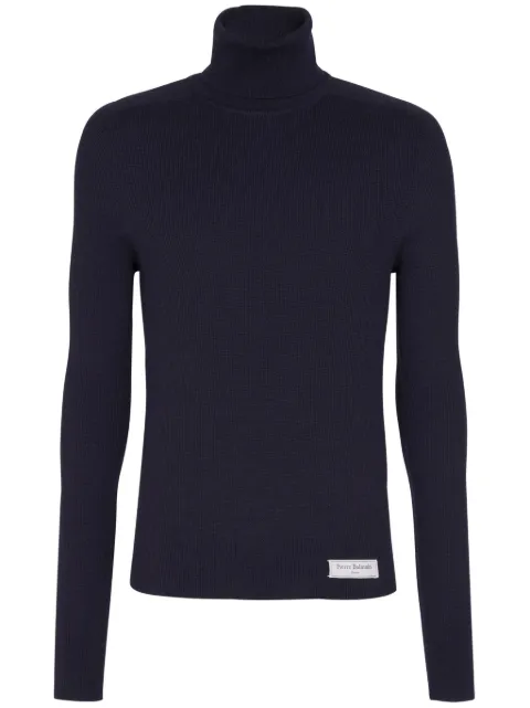 Balmain logo-tag merino-wool jumper Blue DH1KH017KE93