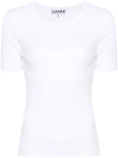 GANNI white soft cotton rib short sleeve T-shirt White T3941