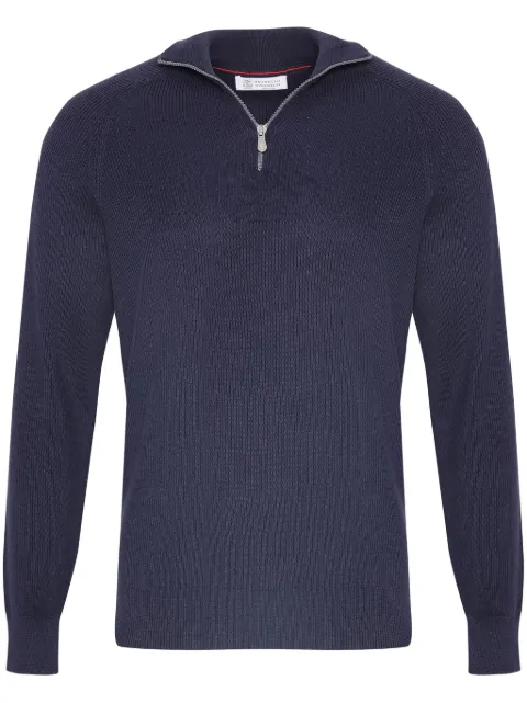 Brunello Cucinelli cotton English rib sweater with half zip and raglan sleeves Blue M29400104CW425
