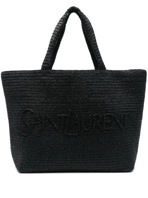 Saint Laurent logo-embossed raffia tote bag Black 756269GAAEI