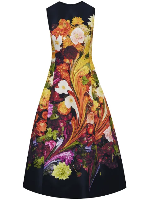 Oscar de la Renta Rainbow Flower Marble faille dress Black 24PN669RFFBLM