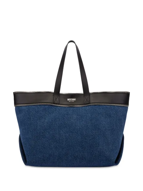 Moschino zip-trim denim and leather tote bag Blue A73628218