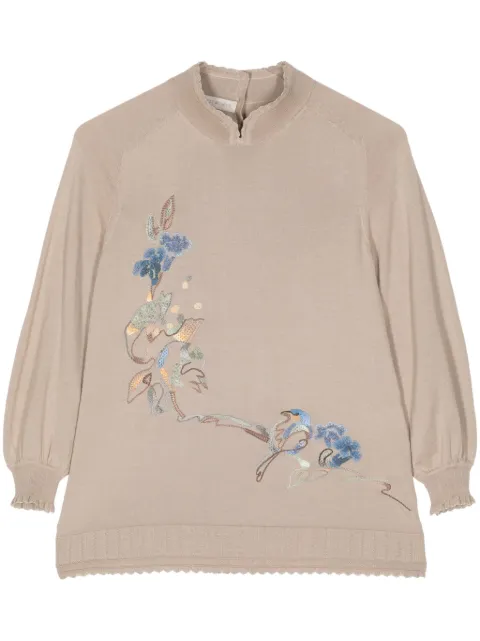 SHIATZY CHEN floral-embroidered split-neck jumper Brown 147078