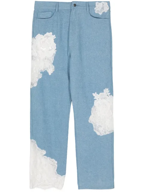 Collina Strada floral lace detailing cotton jeans Blue XX6022