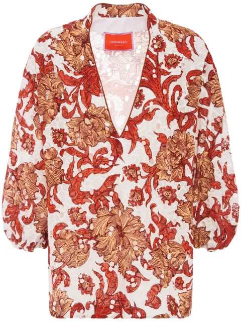 La DoubleJ balloon-sleeves cotton tunic Red SHI0093EMB031REE01WH01