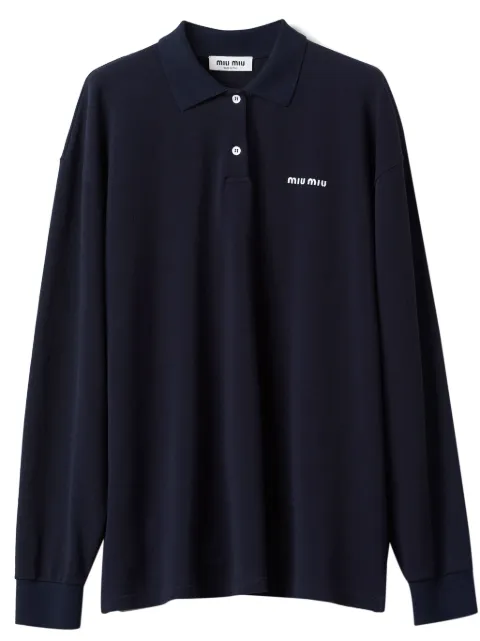 Miu Miu logo-embroidered piqué polo shirt Blue MJL019SOOO14RW