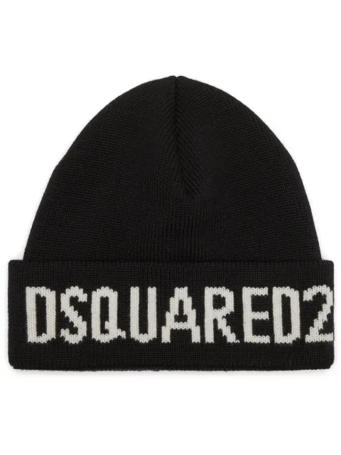 DSQUARED2 logo-intarsia ribbed beanie hat Black KNM016101W04328