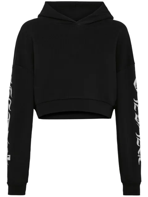 Philipp Plein logo-embroidered cropped hoodie Black FADCWJB1743PJO002N