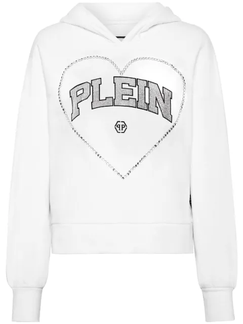 Philipp Plein heart-motif rhinestone-embellished hoodie White FADCWJB1737PJO002N