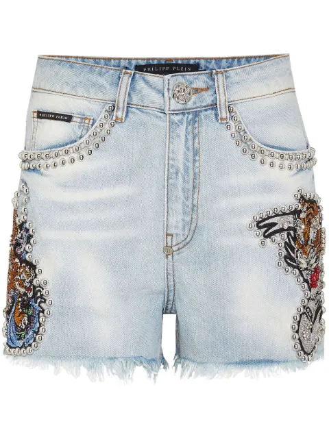 Philipp Plein Tattoo stud-embellished denim shorts Blue FADCWDT2536PDE004N