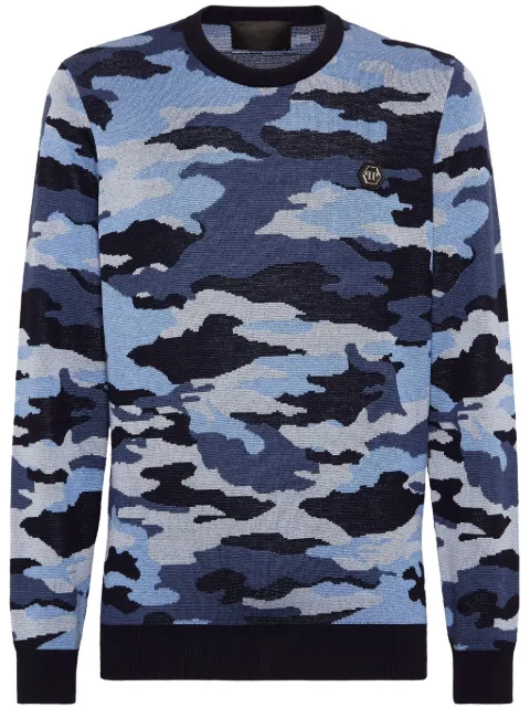 Philipp Plein camouflage-pattern merino jumper Blue FADCMKO1390PKN002N