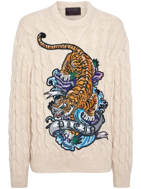 Philipp Plein Tattoo-print cable-knit jumper Neutrals FADCMKO1378PKN002N