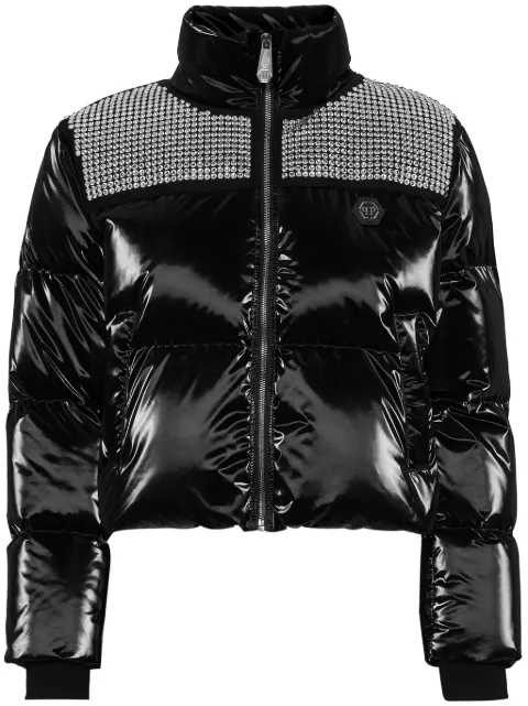 Philipp Plein crystal-embellished cropped puffer jacket Black FADCWRB1377PNY002N