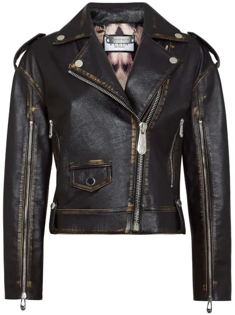 Philipp Plein logo-lettering leather biker jacket Black FADCWLB1089PLE010N