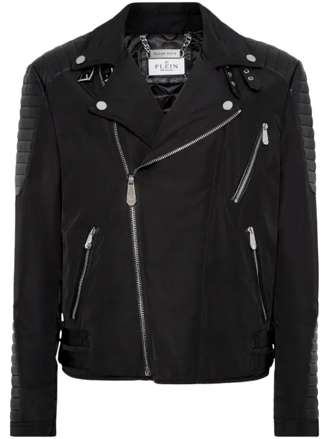 Philipp Plein padded-detail leather biker jacket Black FADCMRB2510PNY002N