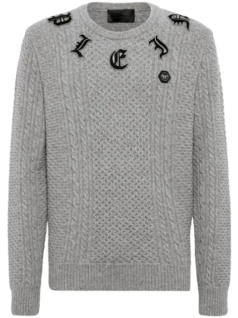 Philipp Plein logo-appliqué cable-knit jumper Grey FADCMKO1393PKN002N