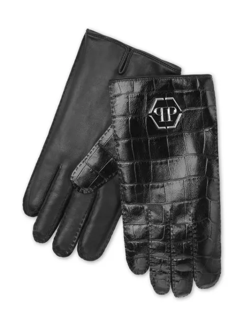 Philipp Plein crocco printed leather mid-gloves Hexagon Black FADAMVB0045PLE005N